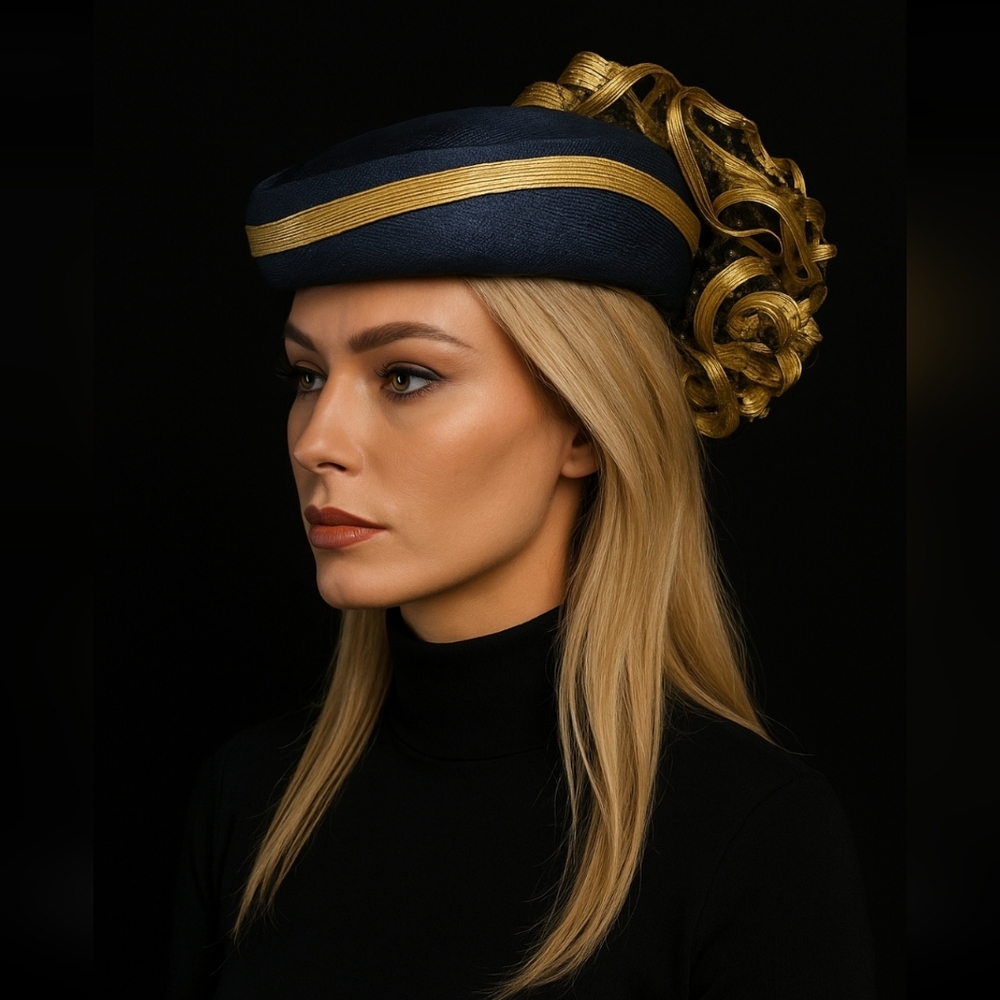 VINTAGE JACK McCONNELL BOUTIQUE COUTURE NAVY GOLD STATEMENT HAT